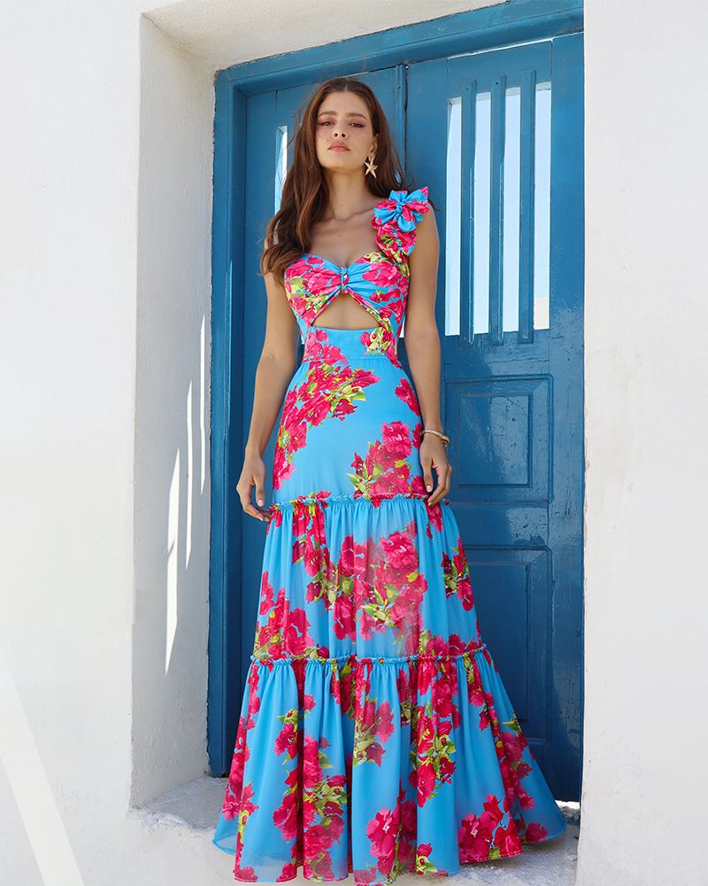 Ruffle Removable Shoulder Strap Pink Bougainvillea Flower Printed One Piece Swimsuit and Skirt Flaxmaker	
