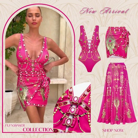 Hollow Metallic Pattern Printing One Piece Swimsuit and Skirt