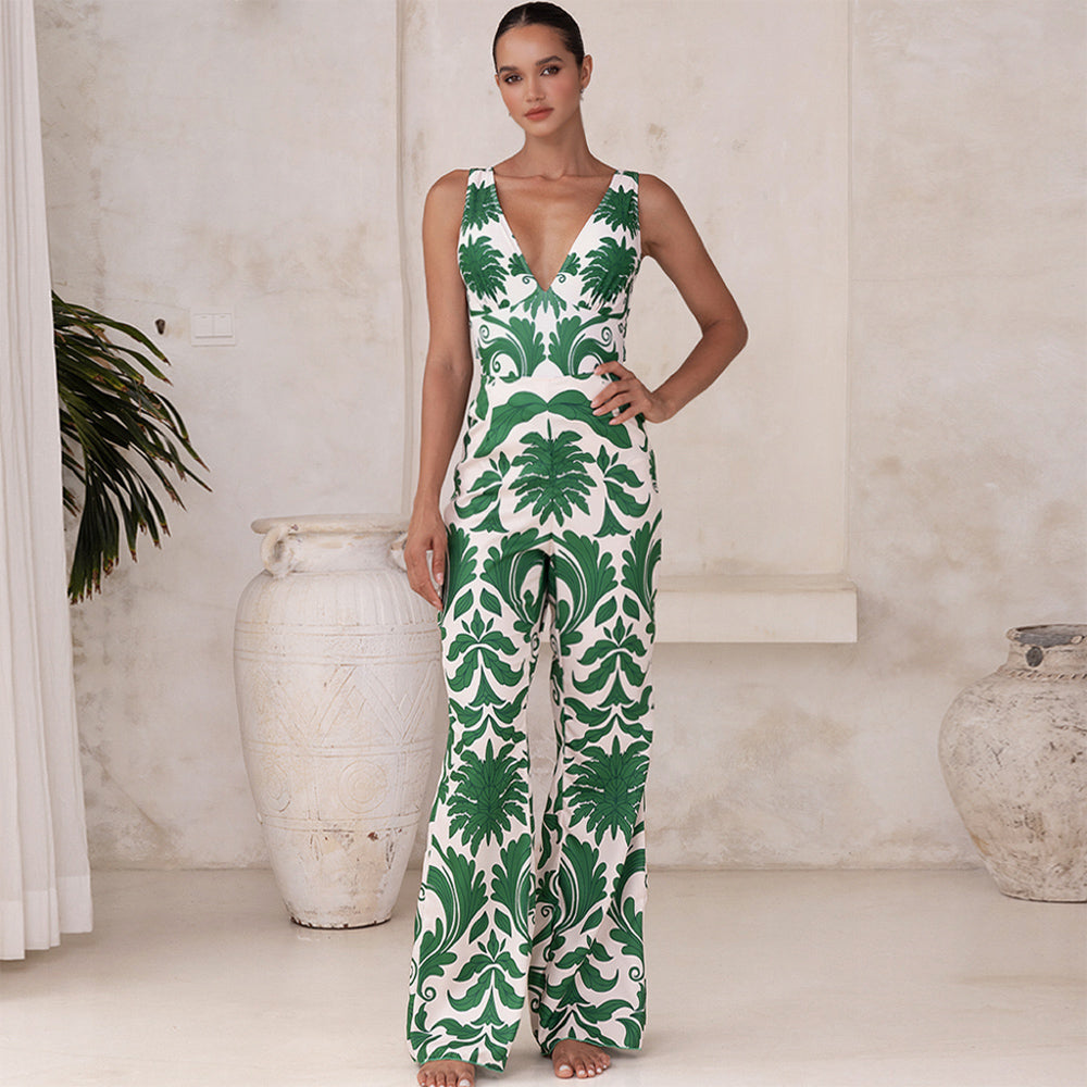 V Neck Green Printed Knotted at Waist Tummy Control One piece Swimsuit and Skirts or Pants	