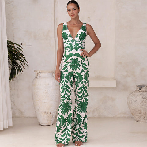 V Neck Green Printed Knotted at Waist Tummy Control One piece Swimsuit and Skirts or Pants	