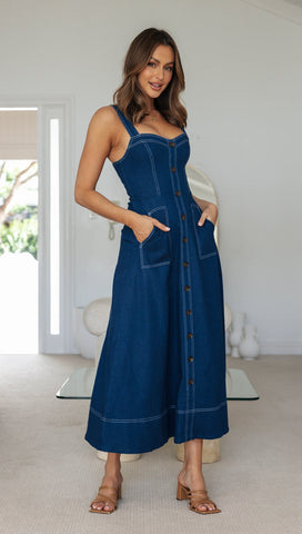 Buttons Sling  Dark Blue Denim Dress