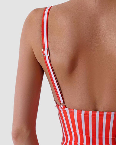 Striped Plunging Neck Bust Shaper One Piece Swimsuit