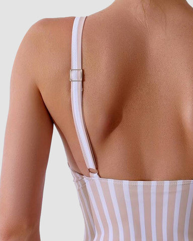 Striped Plunging Neck Bust Shaper One Piece Swimsuit