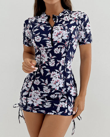 Women's Short Sleeve Swimsuit Zip One Piece Swimdress