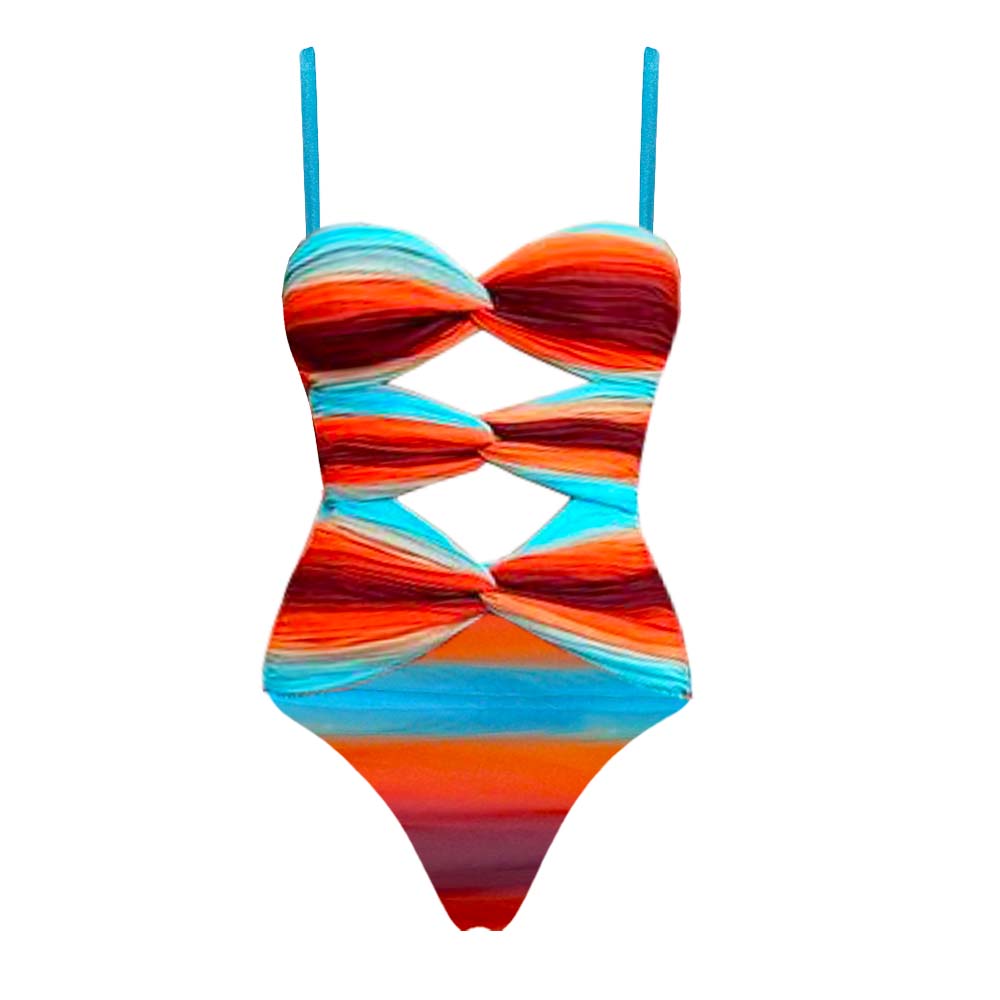 Blue-Orange Gradient Hollow One Piece Swimsuit and Skirt	
