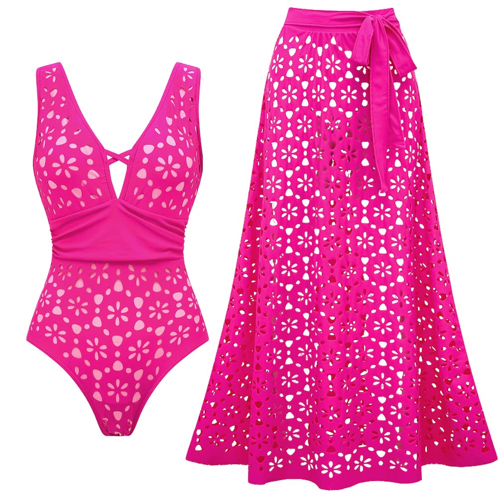 Laser Hollow Out One Piece Swimsuit and Skirt
