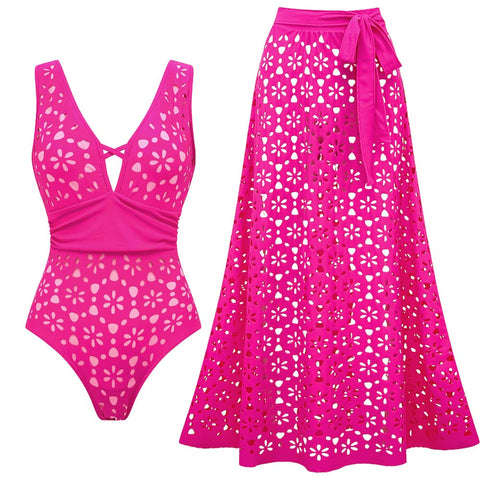 Laser Hollow Out One Piece Swimsuit and Skirt