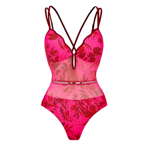 Rose Red Flower Print Net Yarn Splicing One Piece Swimsuit and Tiered Skirt