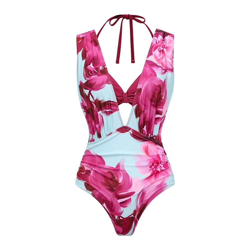 Abstract Floral Printed Two-piece Swimsuit and Skirt	