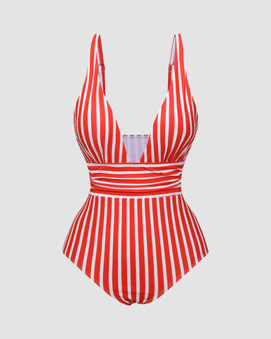 Striped Plunging Neck Bust Shaper One Piece Swimsuit