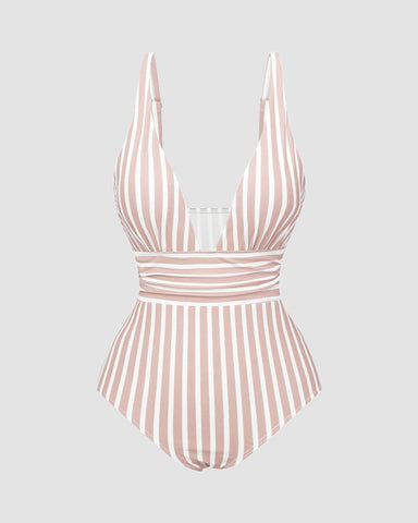 Striped Plunging Neck Bust Shaper One Piece Swimsuit