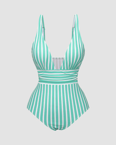 Striped Plunging Neck Bust Shaper One Piece Swimsuit