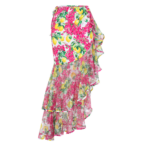 Bandeau Ruffled Lemon Floral Print One Piece Swimsuit and Mesh Splicing Sarong