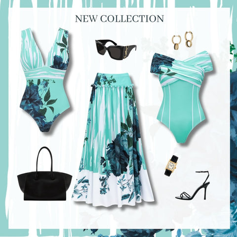 Blossom Print One Piece Swimsuit and Skirt	