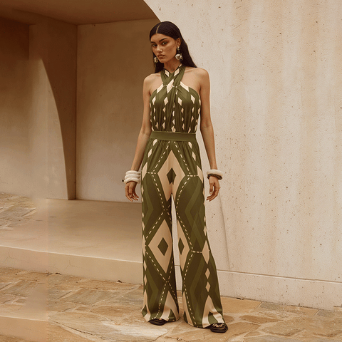 Halter Neck Geometric Pattern Print One Piece Swimsuit and Pants