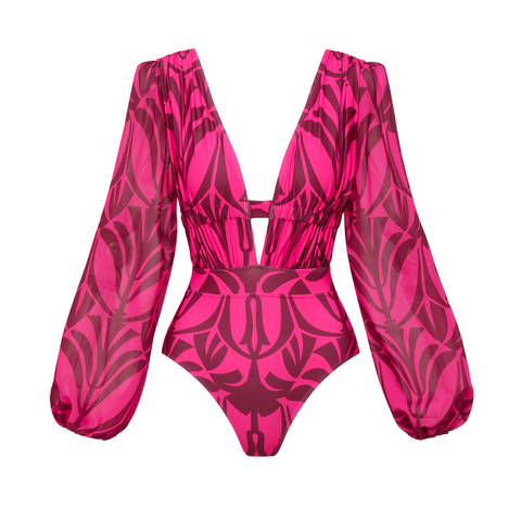 Rose Red Pattern Print Long-sleeved One Piece Swimsuit and Skirt	