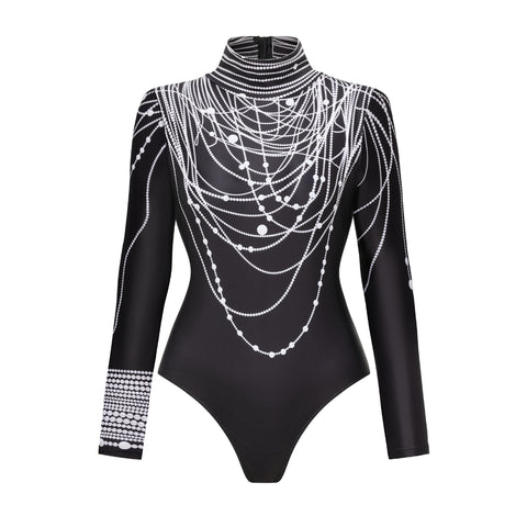 Long-Sleeved Pearl Print Surfing One Piece purple	