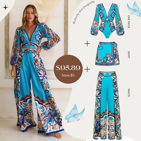 Butterfly and Dragonfly Long Sleeve Hollow Print One Piece Swimsuit and Skirt