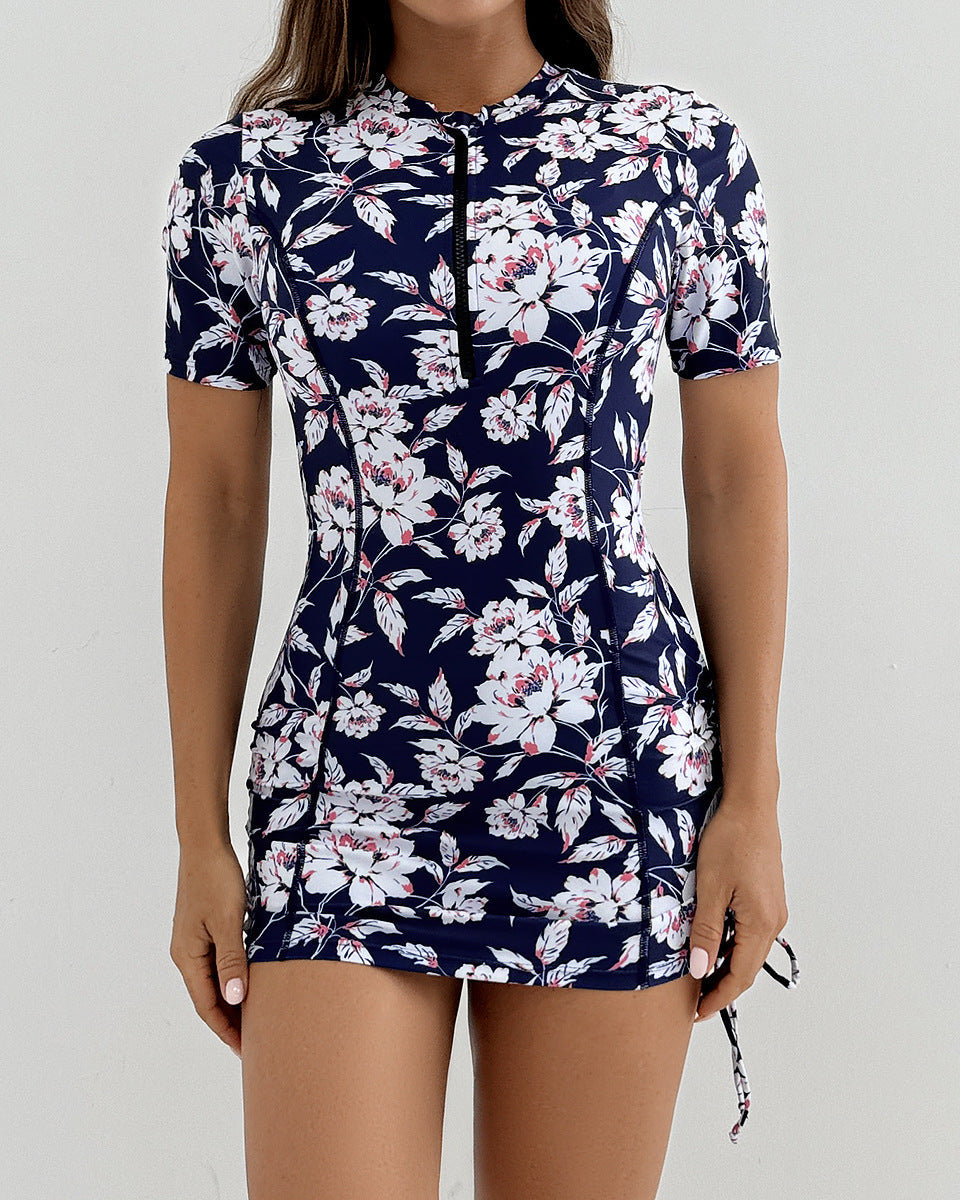 Women's Short Sleeve Swimsuit Zip One Piece Swimdress