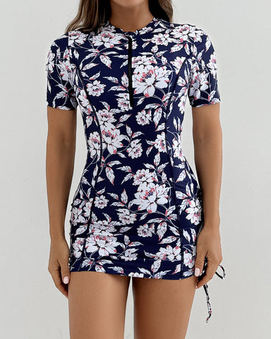 Women's Short Sleeve Swimsuit Zip One Piece Swimdress