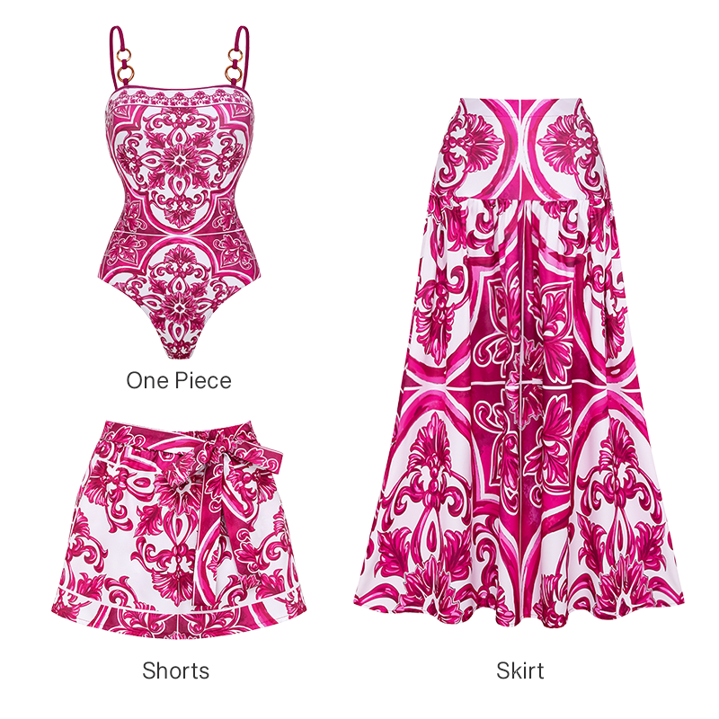 Sling Classic Majolica Series Pattern Print One Piece Swimsuit and Skirt or Shorts	