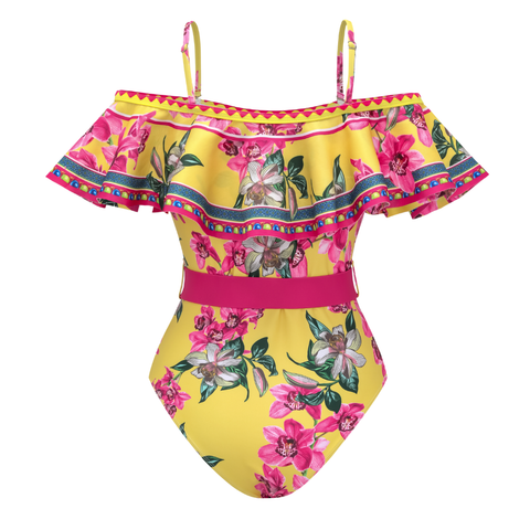 Bandeau Ruffled Orchid Print One Piece Swimsuit and Skirt	