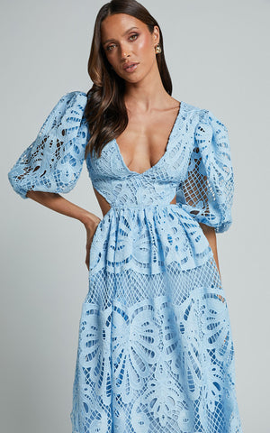 V Neck Puff Sleeve Lace Dress