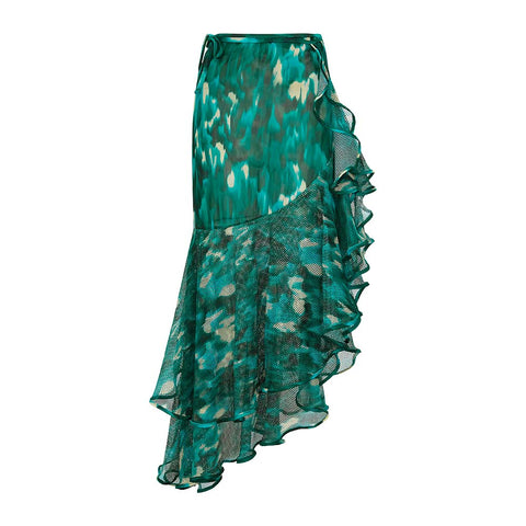 Bandeau Ruffled Green Blooming Print One Piece Swimsuit and Mesh Splicing Sarong