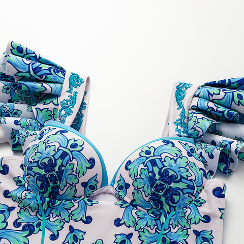 Ruffle Majolica Print One Piece Swimsuit and sarong or Pants