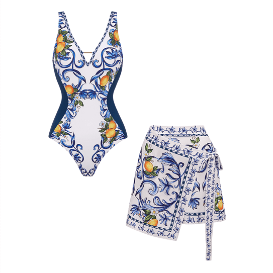 V Neck Lemon Printed Swimsuit Set(s)	