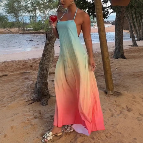 Vacation Backless Ombre Print Dress
