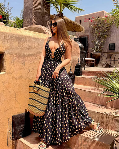 Black and Gold Polka Dots V-neck One Piece Swimsuit and Skirt	