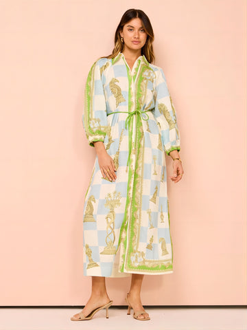 Puff Sleeve Lace Up Printed Dress