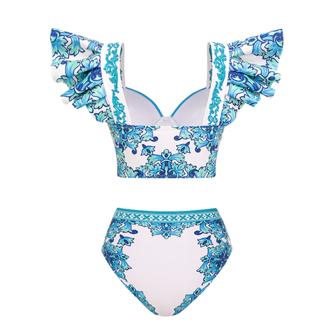 Ruffle Majolica Print Bikini Swimsuit and Sarong or Pants	