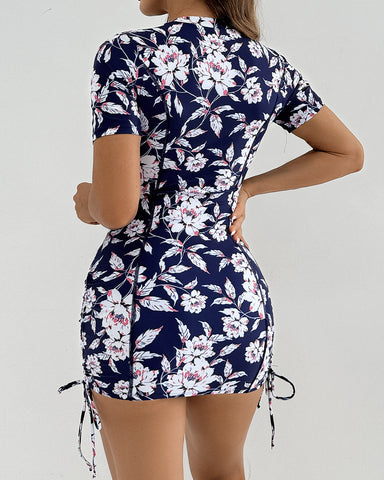 Women's Short Sleeve Swimsuit Zip One Piece Swimdress