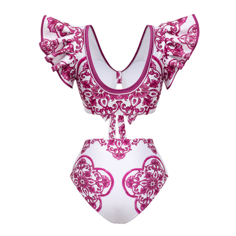 Ruffle Classic Majolica Series Pattern Print Bikini Swimsuit and Skirt or Shorts	