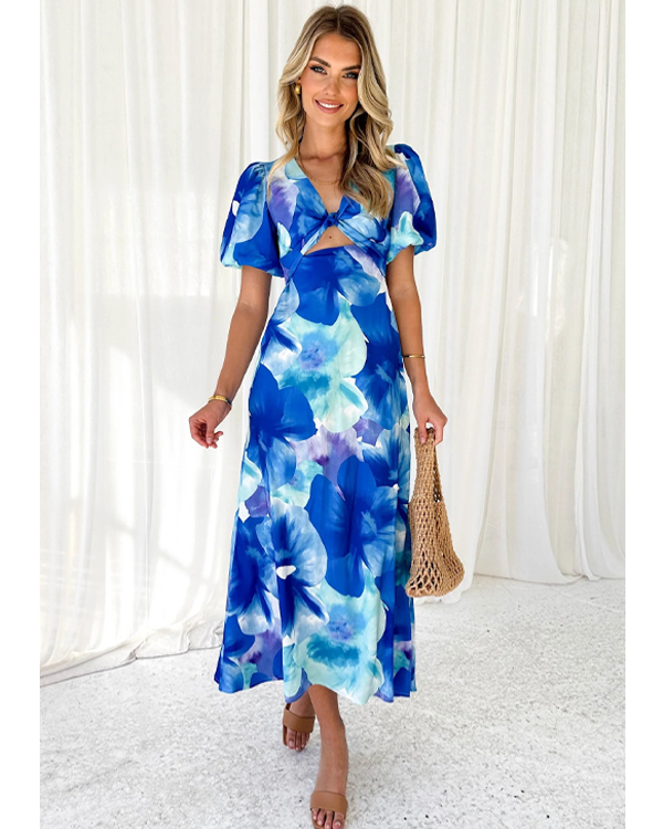 Puff Sleeve Cutout Blossom Printed Dress