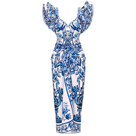 Ruffle Blue and White Porcelain Pattern Majolica Print One Piece Swimsuit and Skirt or Sarong	