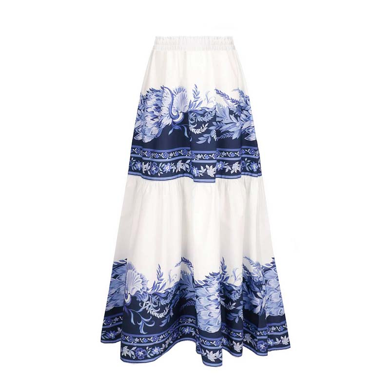 Blue and White Porcelain Print V Neck One Piece Swimsuit and Skirt	