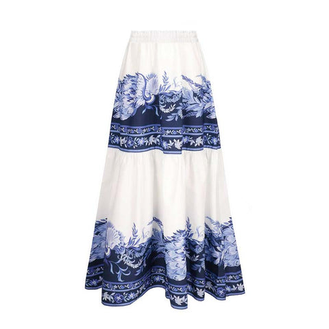 Blue and White Porcelain Print V Neck One Piece Swimsuit and Skirt	