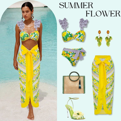 Tie Shoulder Lace Up Splicing Printed High Waist Bikini Swimsuit and Skirt