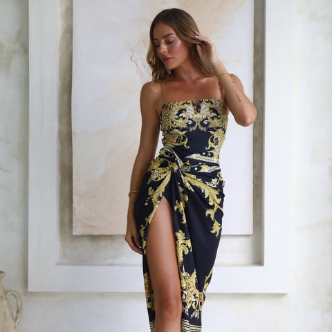 Vintage Black Gold Baroque Print Metal chain small V-neck One Piece Swimsuit and Skirt