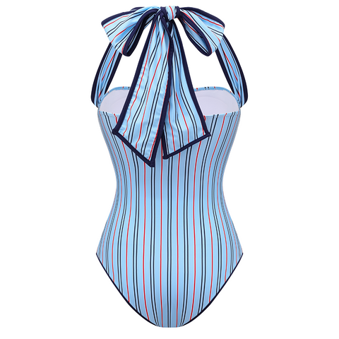 Multi-Way Striped Bowknot One Piece Swimsuit and Skirt