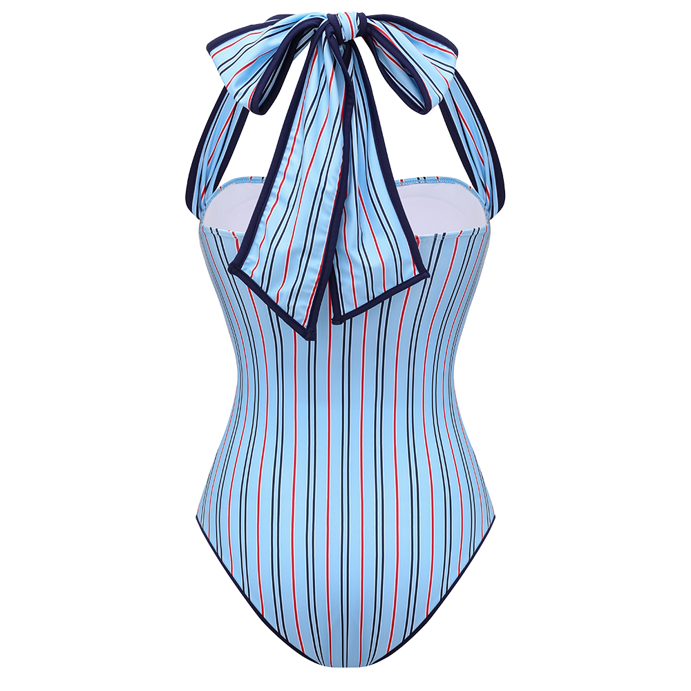 Multi-Way Striped Bowknot One Piece Swimsuit and Skirt	