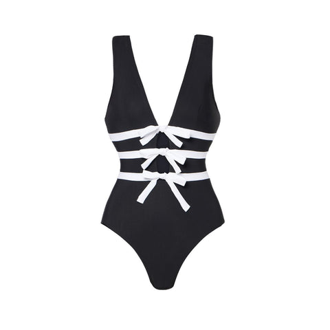 Bowknot Decor Black One Piece Swimsuit and Skirt	