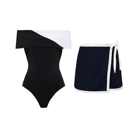 Off Shoulder Color Block One Piece Swimsuit and Skirt	