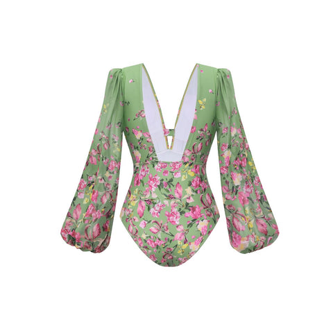 Long Sleeve Floral One Piece Swimsuit and Skirt