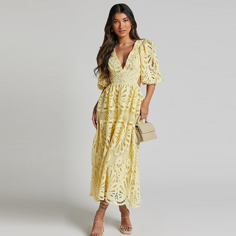V Neck Puff Sleeve Lace Dress