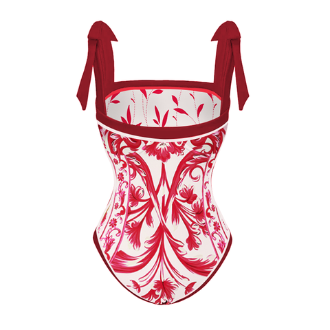 Reversible Tie-shoulder Baroco Style Printed One Piece Swimsuit and Skirt