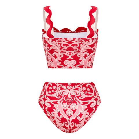 Red Wavy Stripes Printed Bikini Swimsuit and Skirt
